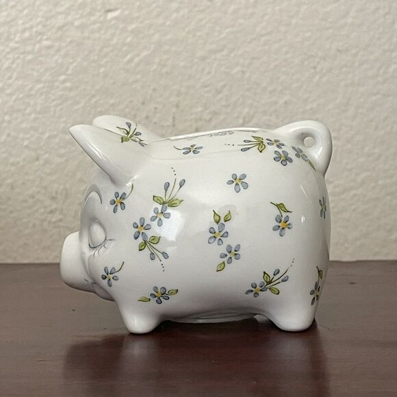 Vintage Piggy Bank With Stopper, Forget Me Not 1989 Hand Painted Signed - Picture 4 of 12